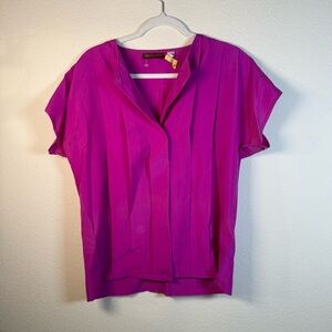 Vintage 100% Silk Blouse Twee Retro City Magenta Purple Short Sleeve Size 12